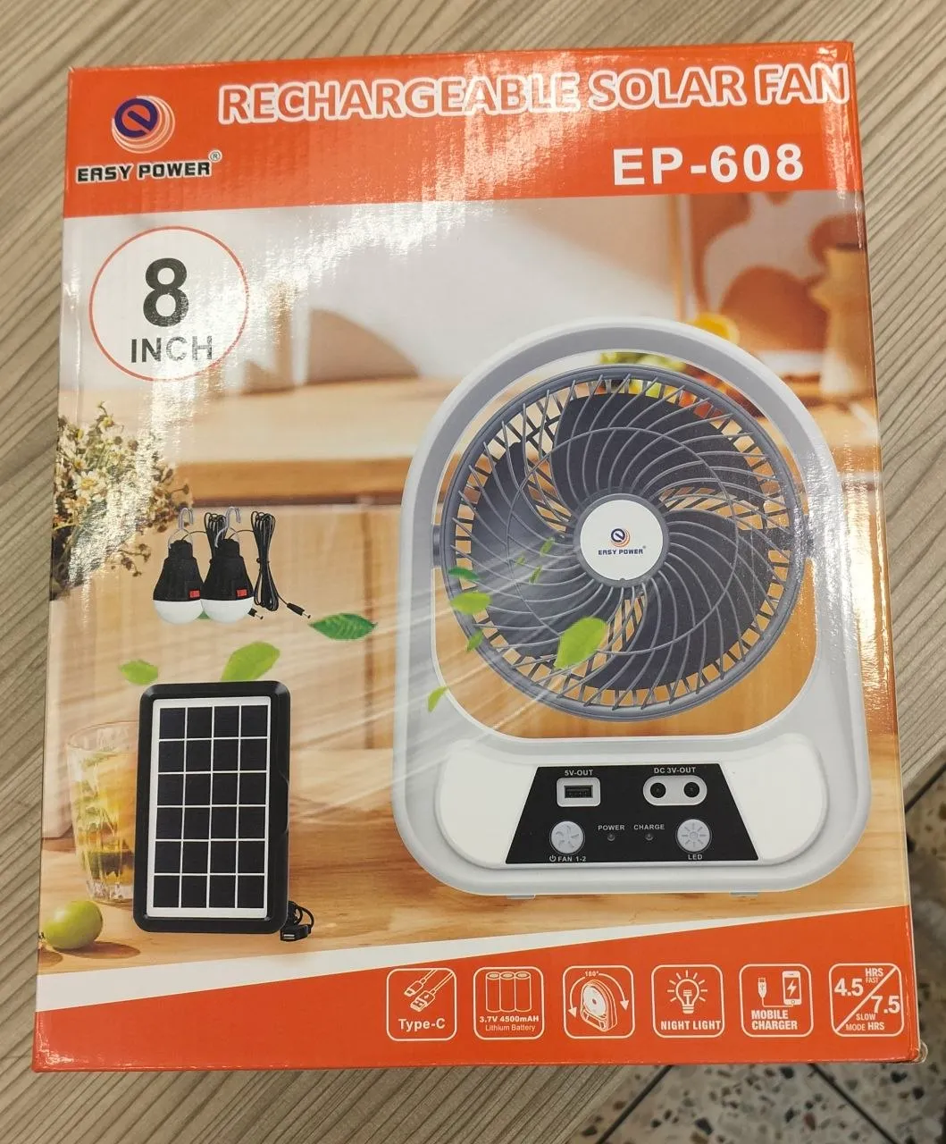 EP-608 Easy Power 8″ Rechargeable Solar Fan with LED Light & Power Bank Function