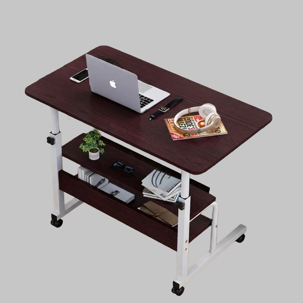 Adjustable Laptop Table with Storage Shelves & Wheels