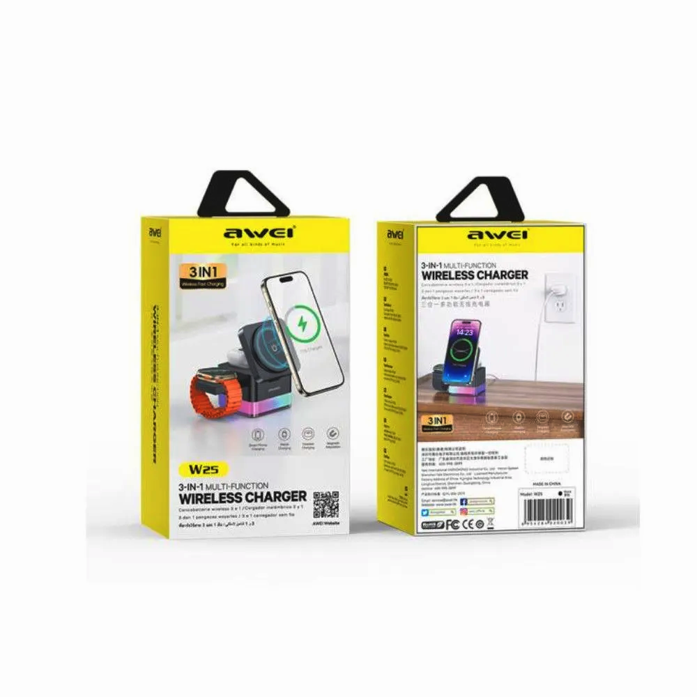 Awei W25 3-in-1 Multi-Function Wireless Fast Charger Stand
