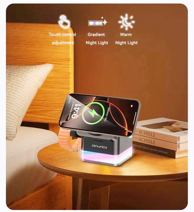 Awei W25 3-in-1 Multi-Function Wireless Fast Charger Stand