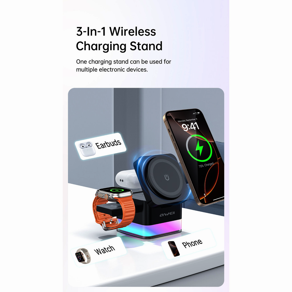 Awei W25 3-in-1 Multi-Function Wireless Fast Charger Stand