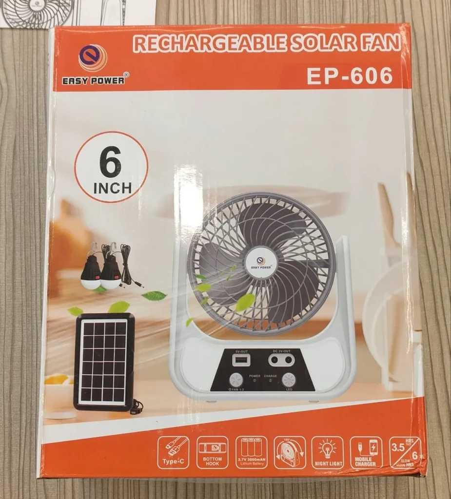 EP-606 Easy Power 6″ Rechargeable Solar Fan | 3000mAh Battery & Type-C Charging