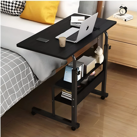 Adjustable Laptop Table with Storage Shelves & Wheels