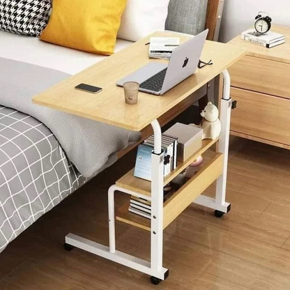 Adjustable Laptop Table with Storage Shelves & Wheels