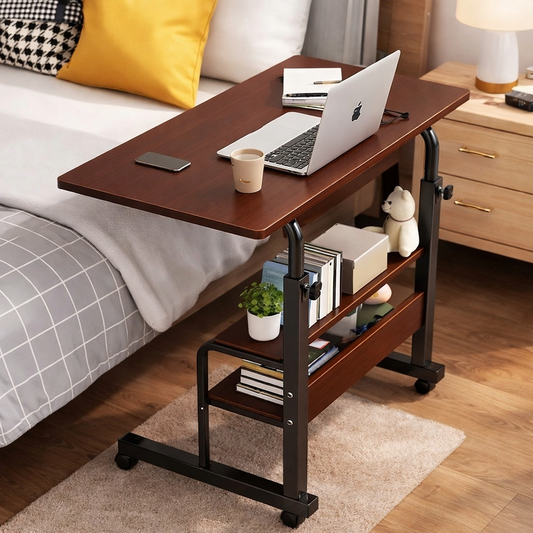 Adjustable Laptop Table with Storage Shelves & Wheels