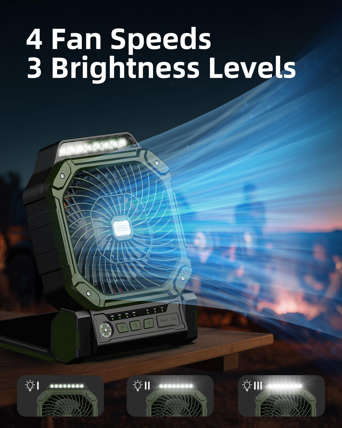 X16 Solar Powered Outdoor Camping Fan – Rechargeable Portable Fan with LED Light, Power Bank Feature & Compass for Travel and Emergency